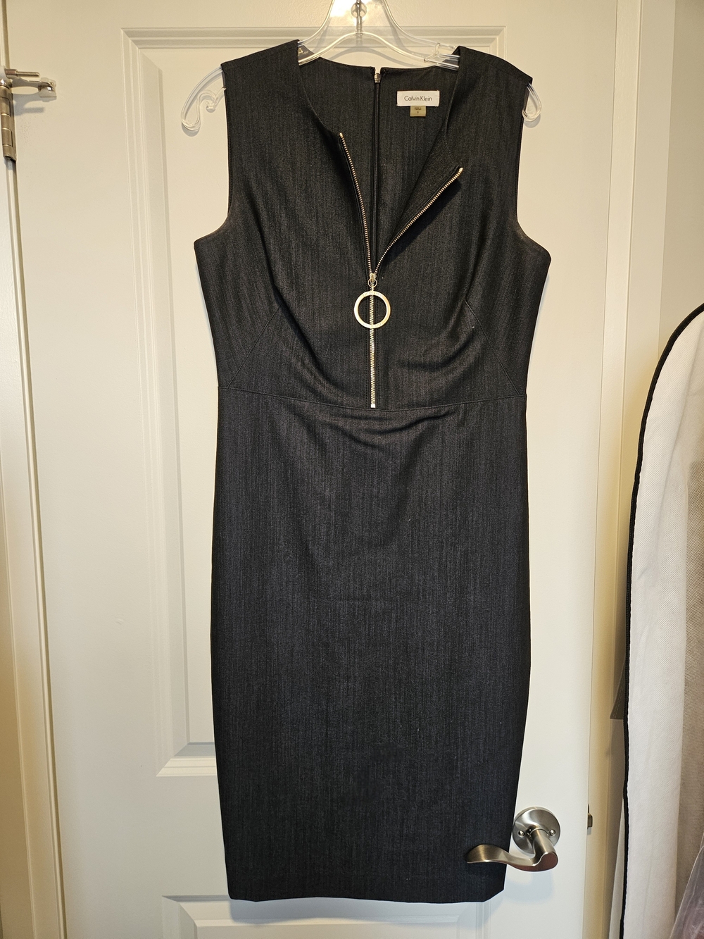 Calvin Klein Navy Sleeveless Midi Sheath Dress with Ring Zip